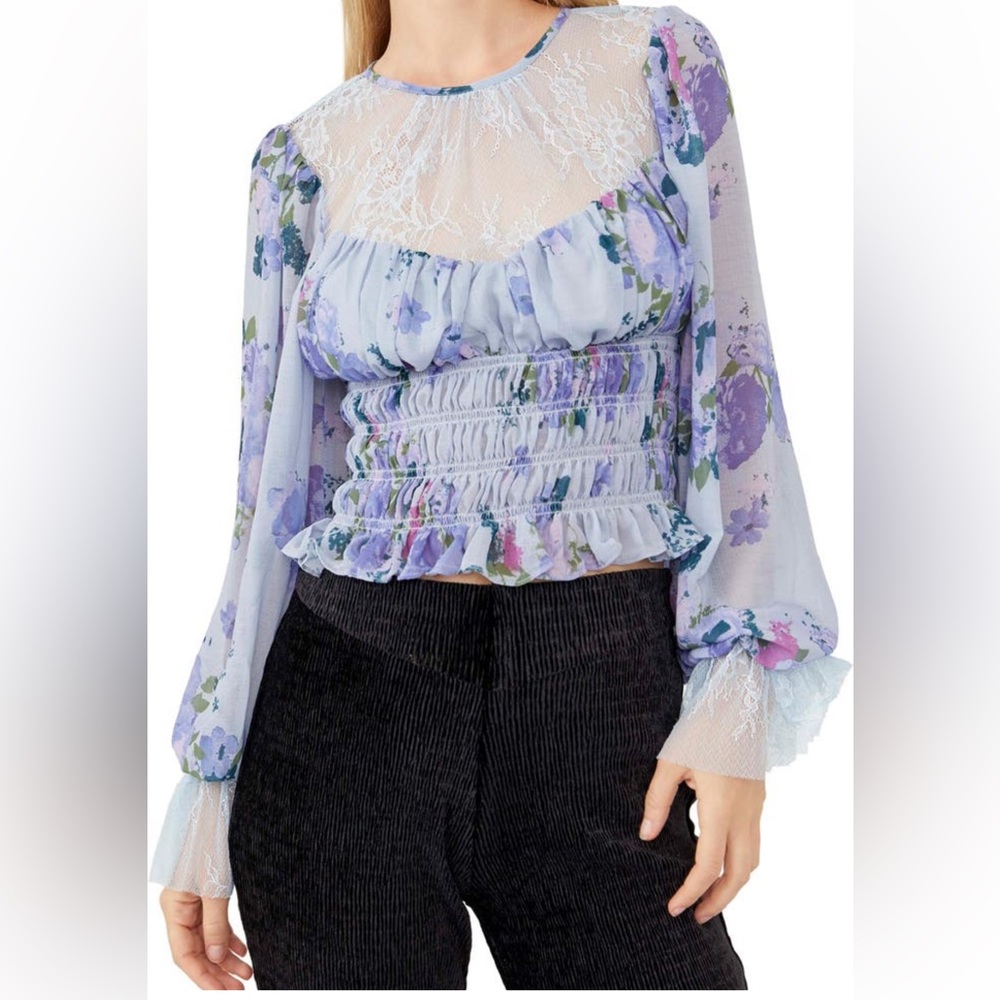 Free People Floral And Lace Sheer Blouse - Lavender and White Size Small